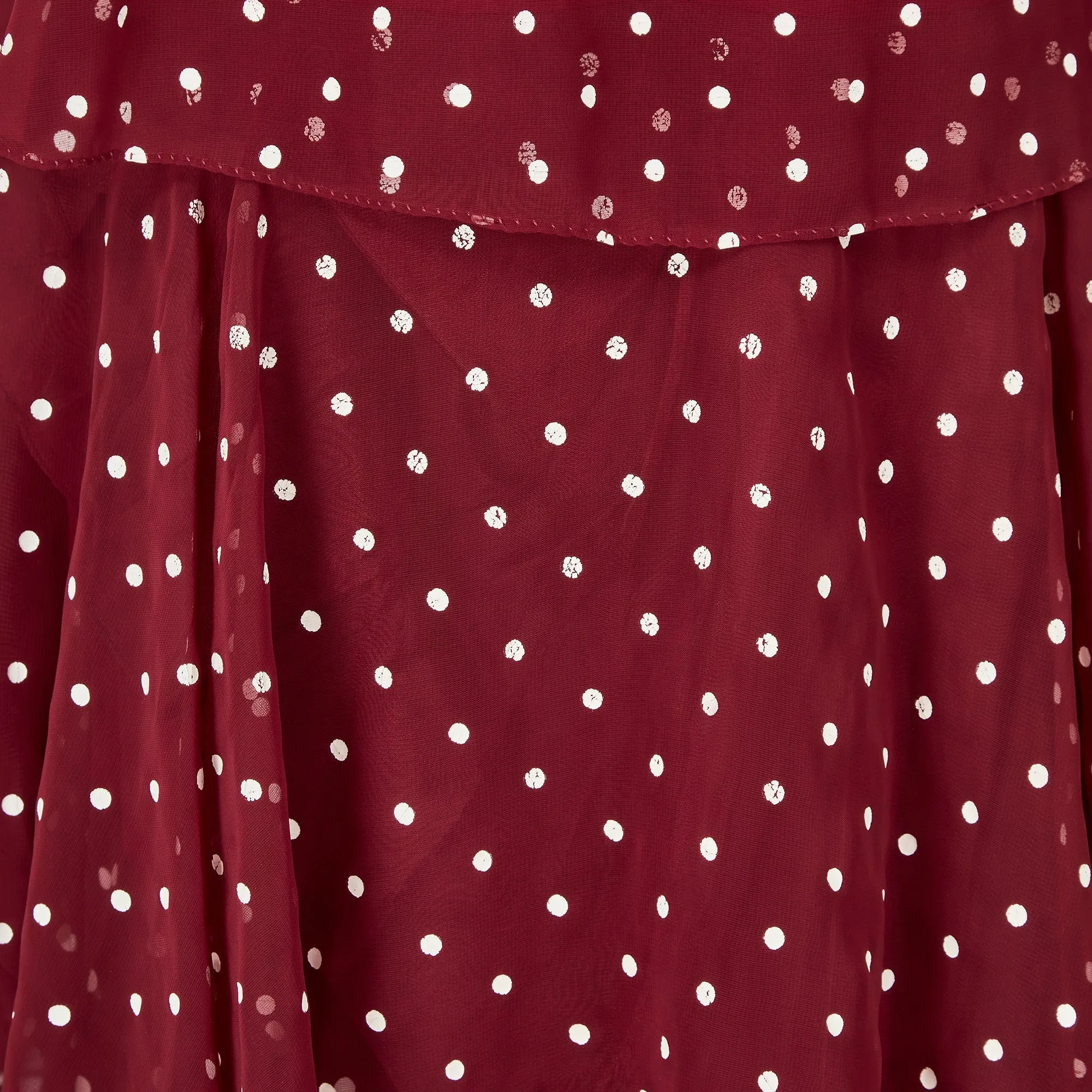 1970s Norman Berg Burgundy and White Polka Dot Tiered Dress