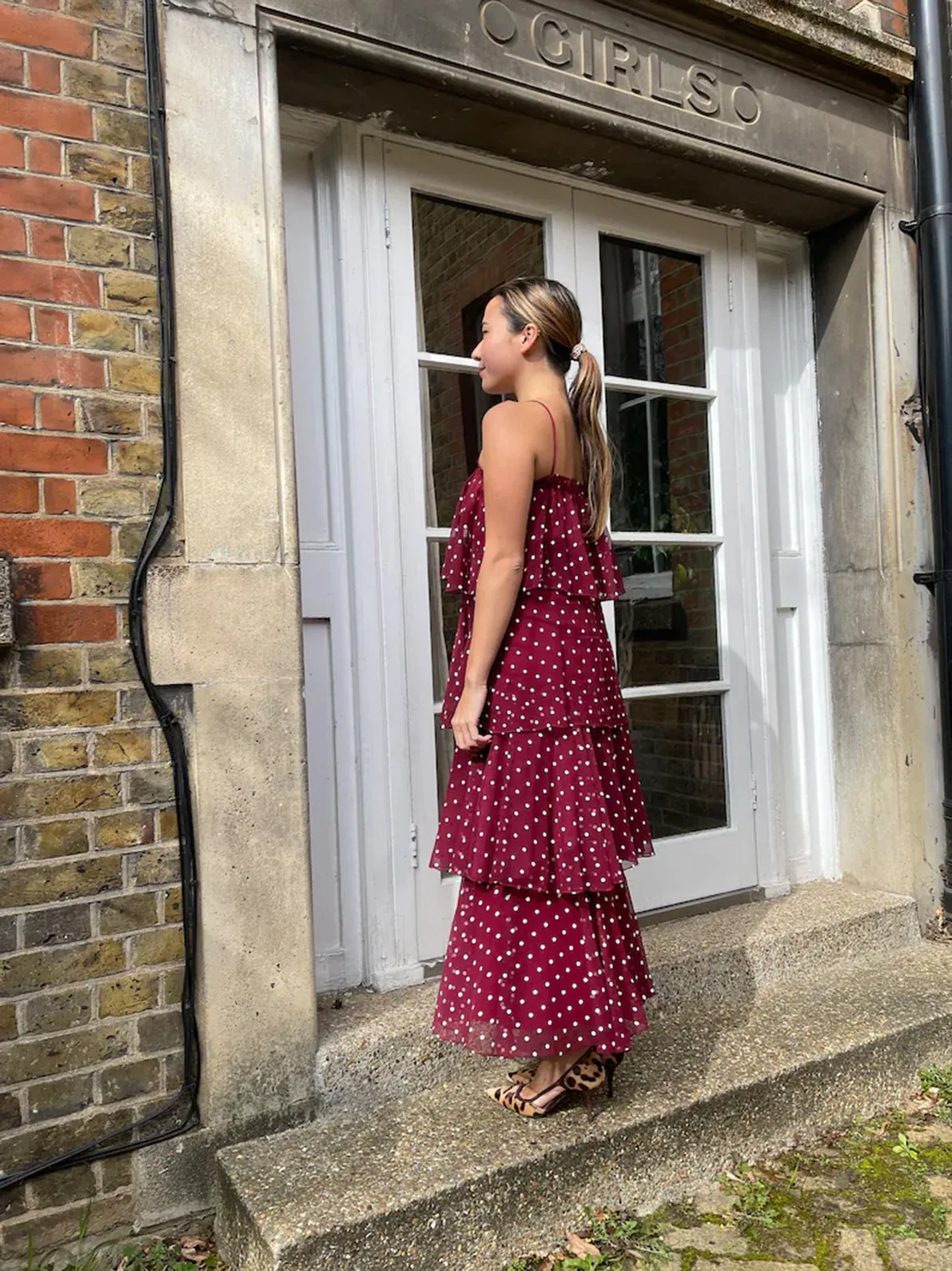 1970s Norman Berg Burgundy and White Polka Dot Tiered Dress