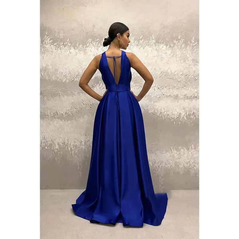 A-line Halter Royal Blue Satin Simple Long Prom Evening Dress