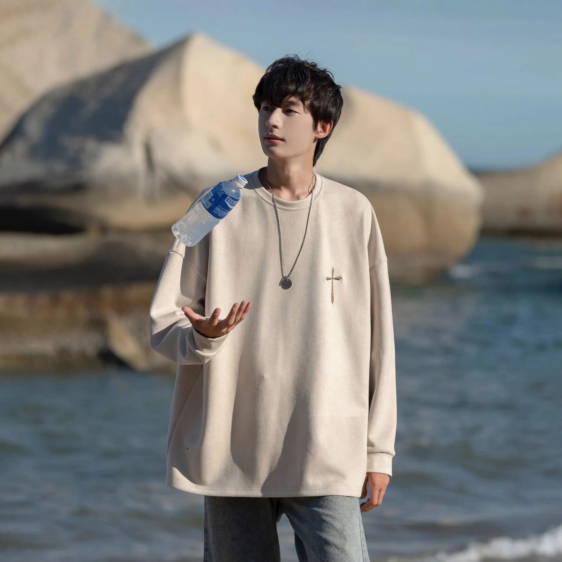 Advbridge non binary outfits Suede Sweater Spring and Autumn New American High-Grade Trendy Casual Loose Pullover High Street All-Matching Top for Men