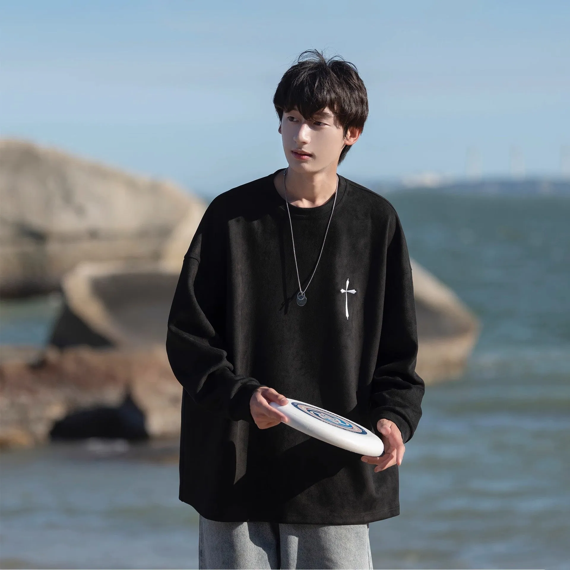 Advbridge non binary outfits Suede Sweater Spring and Autumn New American High-Grade Trendy Casual Loose Pullover High Street All-Matching Top for Men