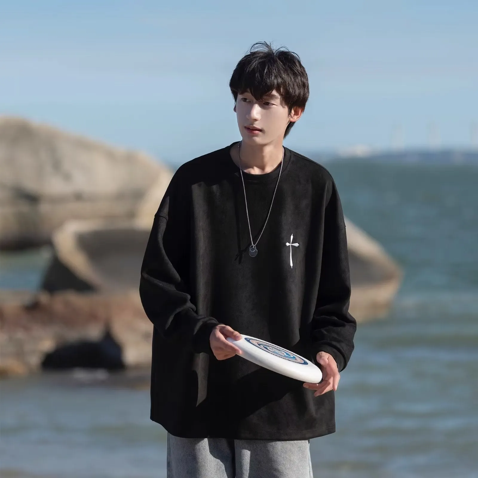 Advbridge non binary outfits Suede Sweater Spring and Autumn New American High-Grade Trendy Casual Loose Pullover High Street All-Matching Top for Men