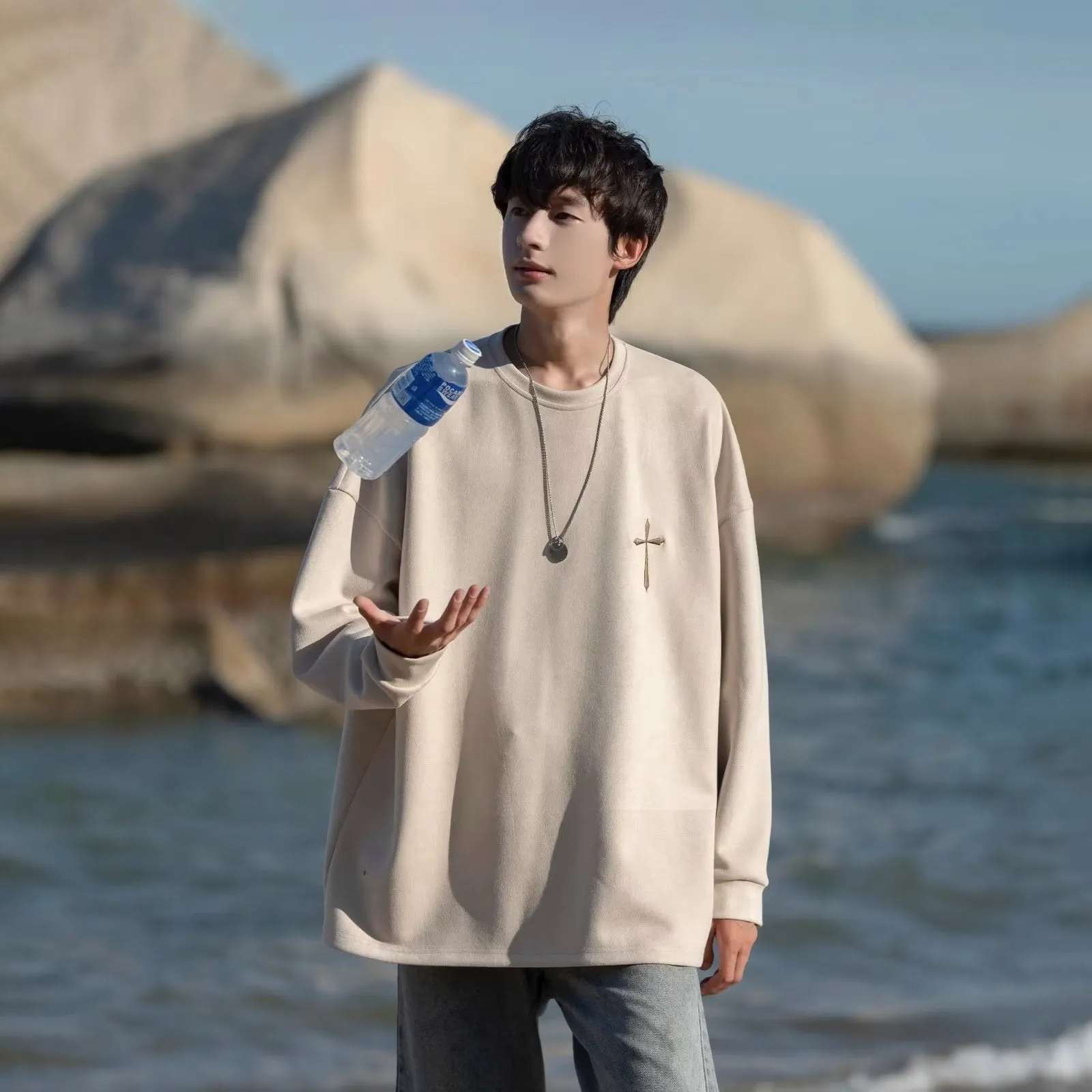 Advbridge non binary outfits Suede Sweater Spring and Autumn New American High-Grade Trendy Casual Loose Pullover High Street All-Matching Top for Men