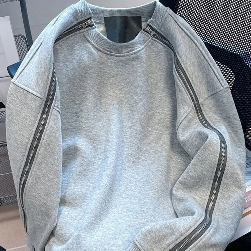 Aidase Grey Double Zipper Design Sweatshirt for Men in Autumn and Winter. Heavy Weight Firm Oversized Pullover Cleanfit Jacket