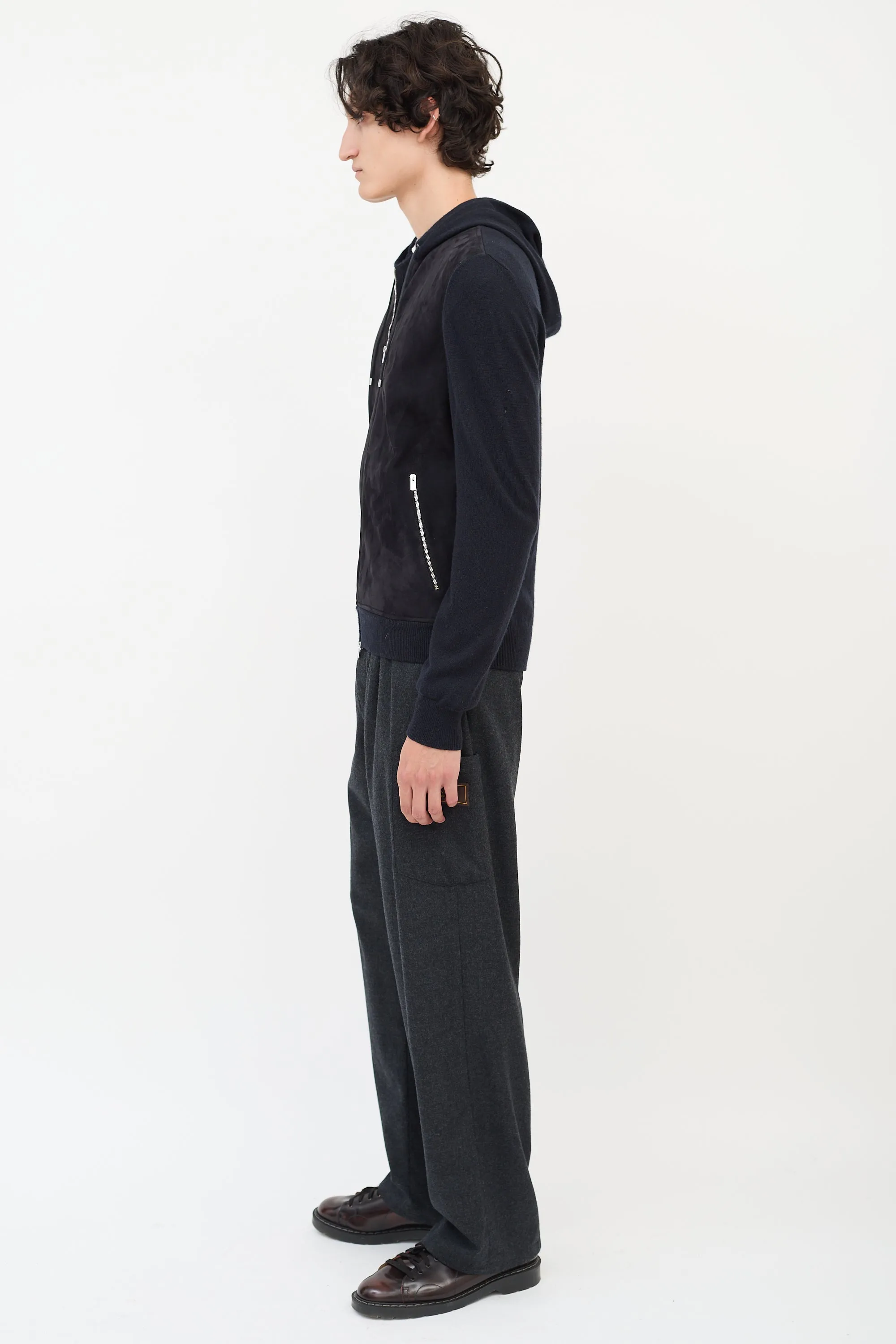 Black Cashmere & Suede Zip Hoodie