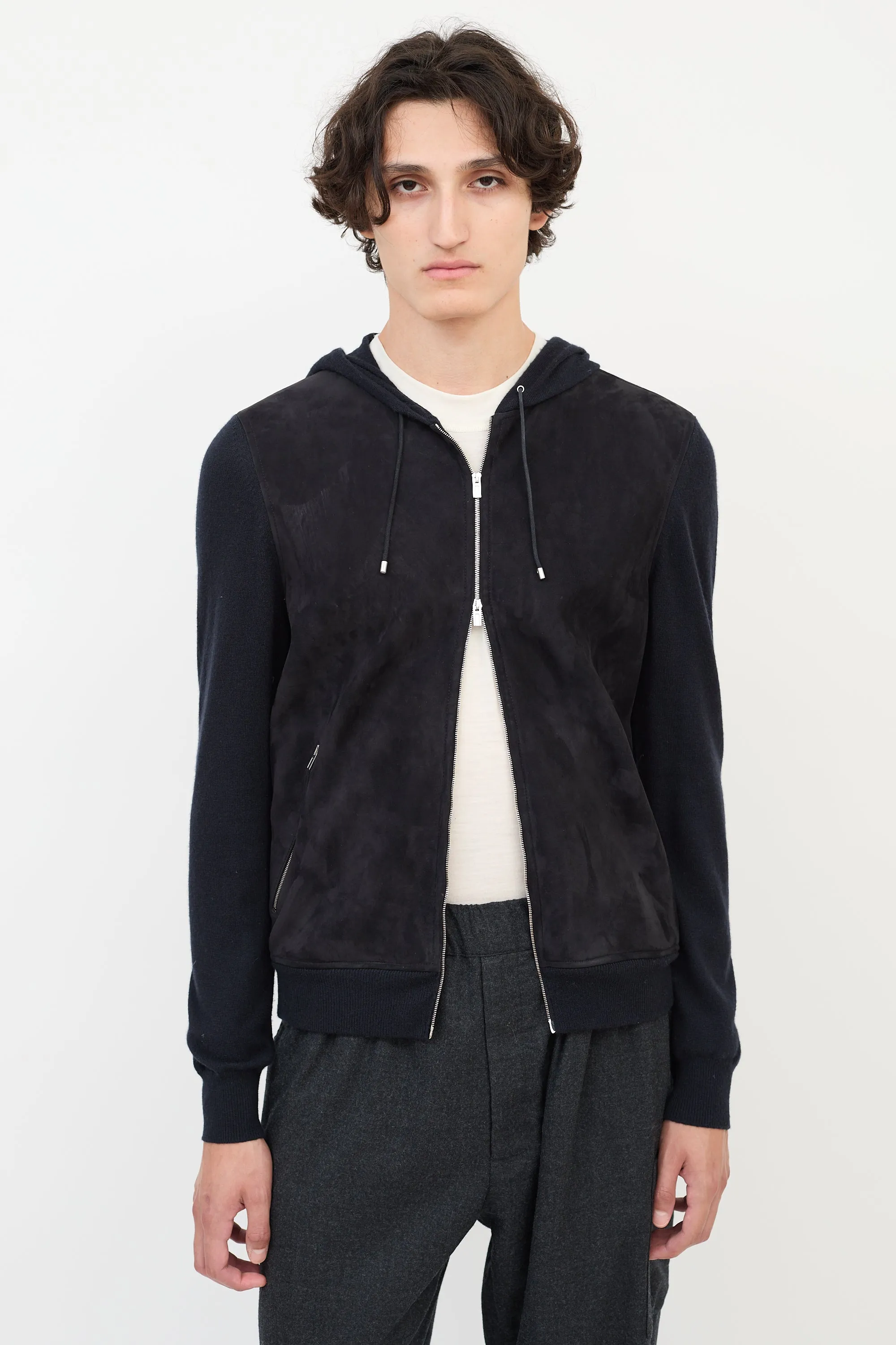 Black Cashmere & Suede Zip Hoodie