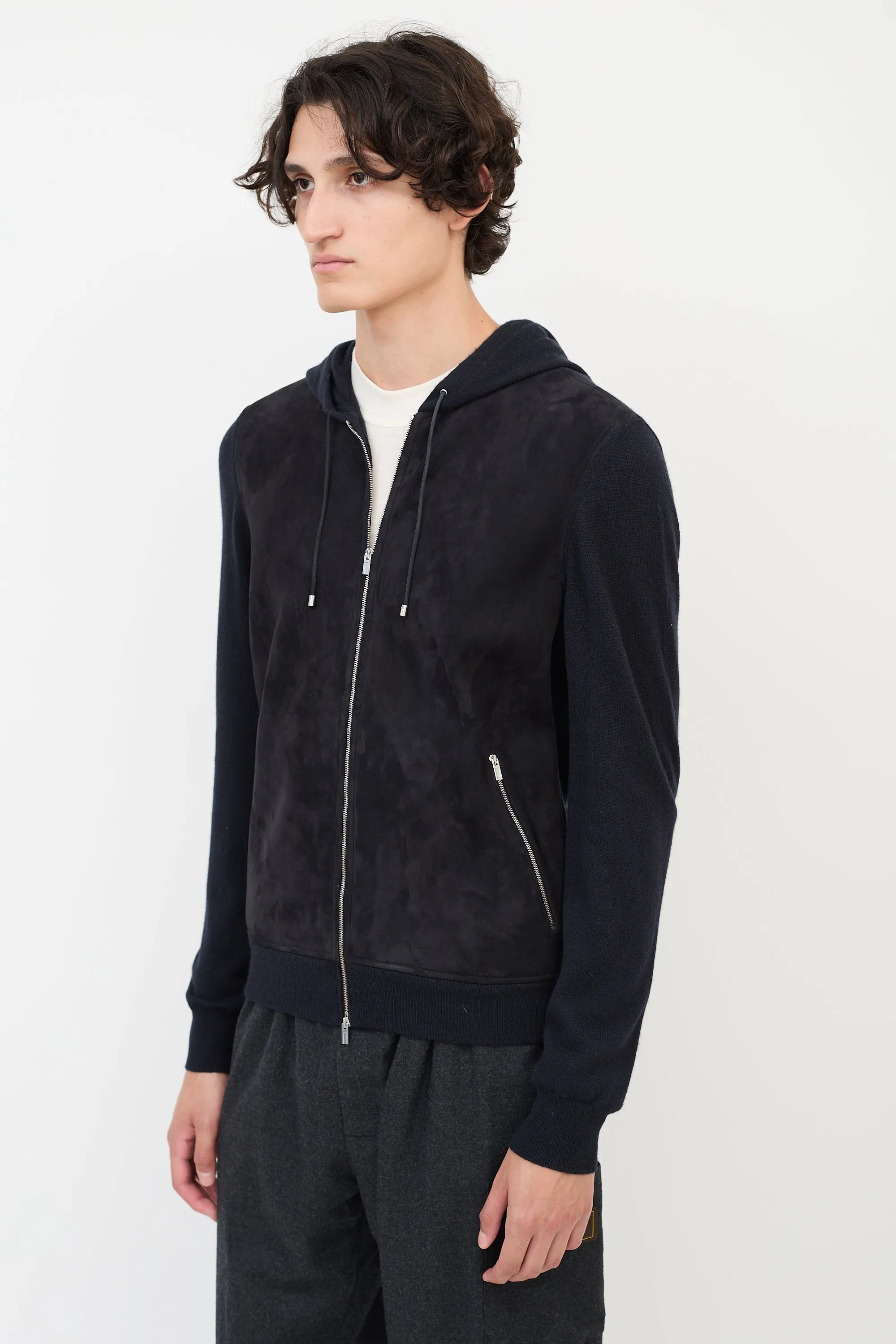Black Cashmere & Suede Zip Hoodie