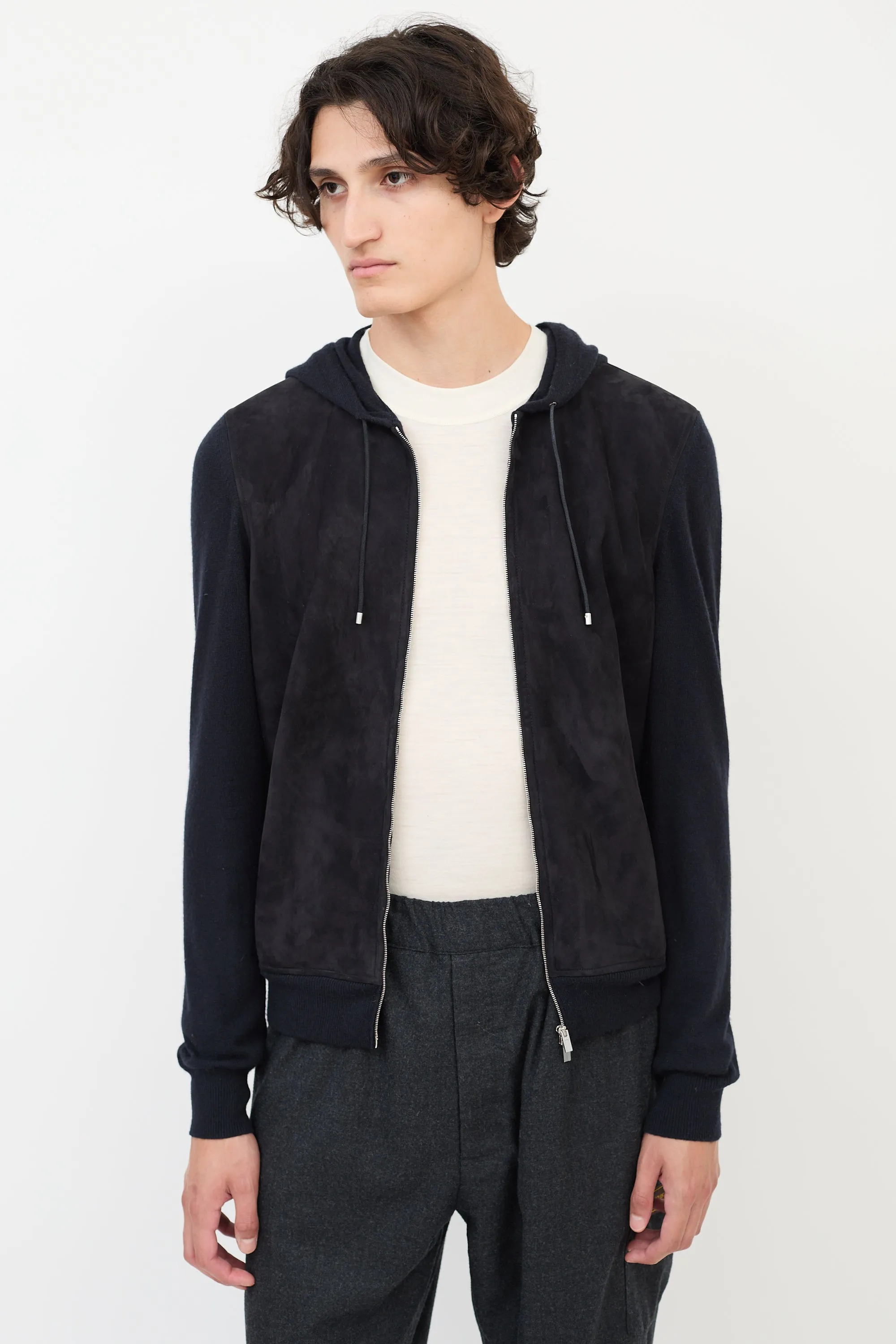 Black Cashmere & Suede Zip Hoodie