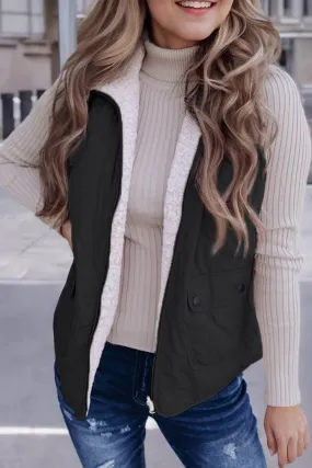 Black Fleece Lined Quilted Zip up Vest Coat From MsDressly