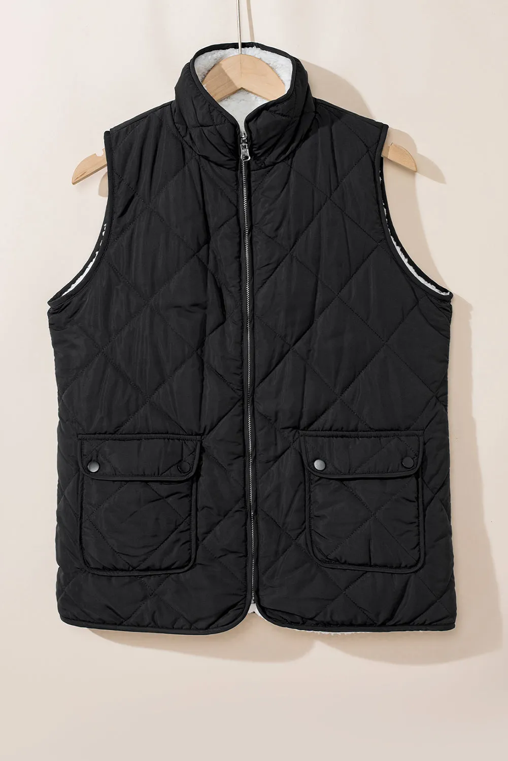 Black Fleece Lined Quilted Zip up Vest Coat From MsDressly