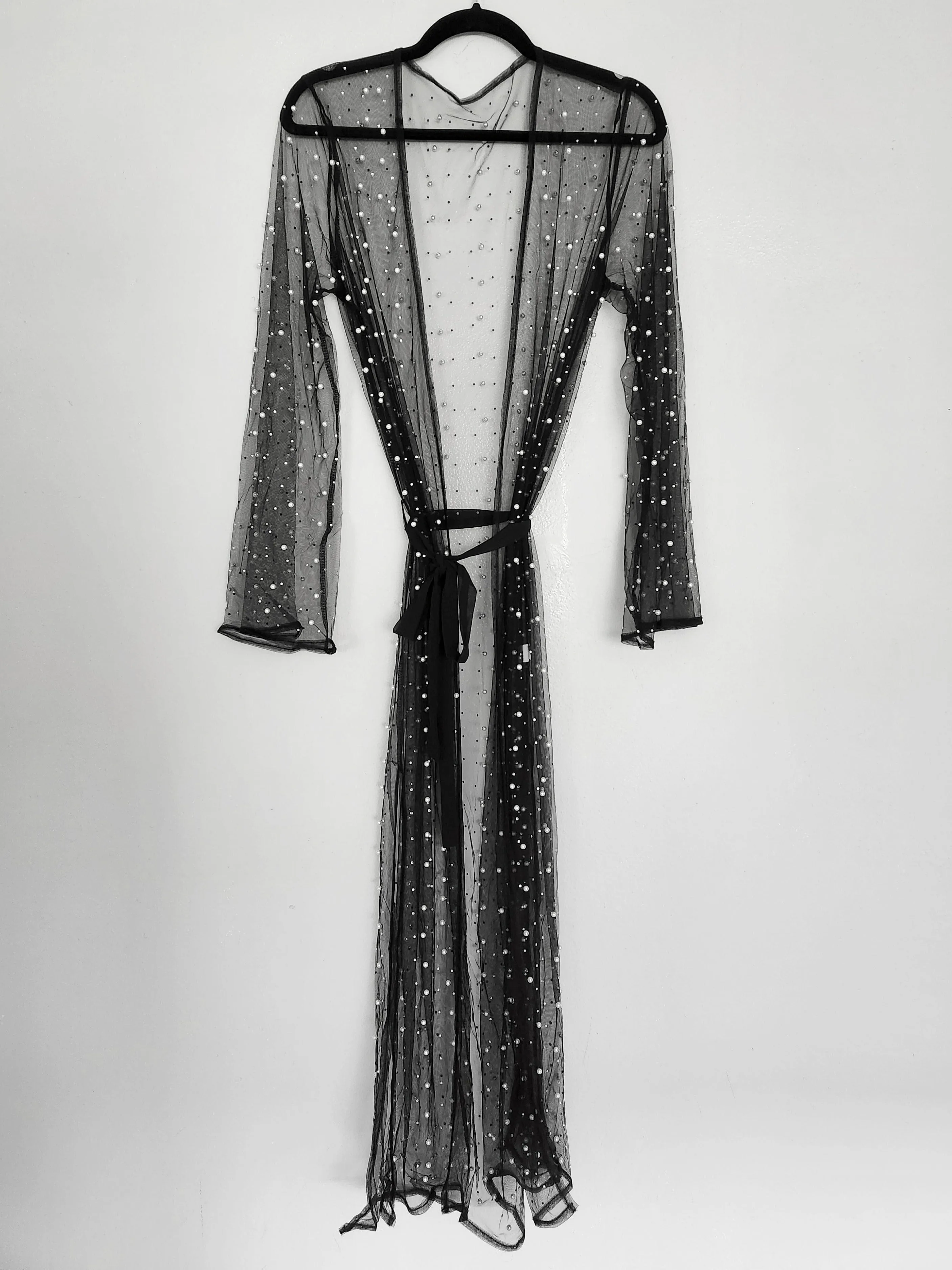 Black Long Evenings Pearl & Rhinestone Mesh Cardigan