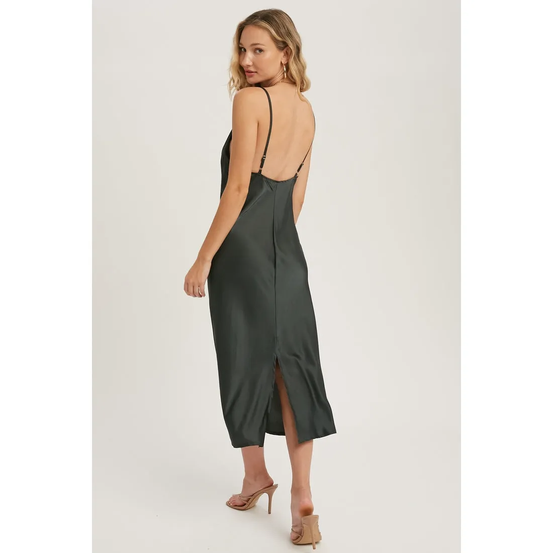 Black Satin Midi Slip Dress