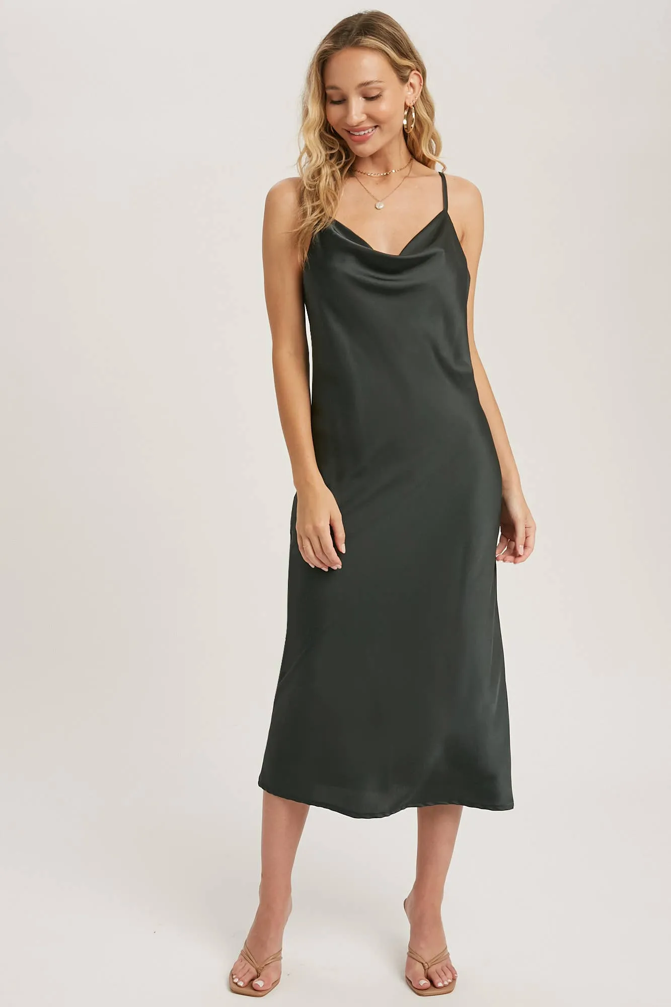 Black Satin Midi Slip Dress