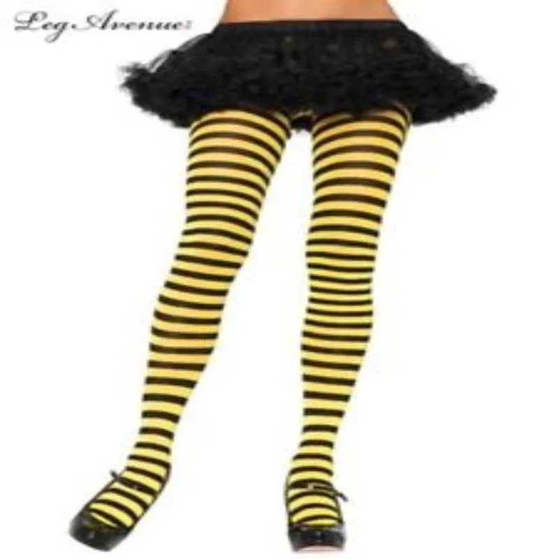 Black/Yellow Nylon Stripe Tights - OS