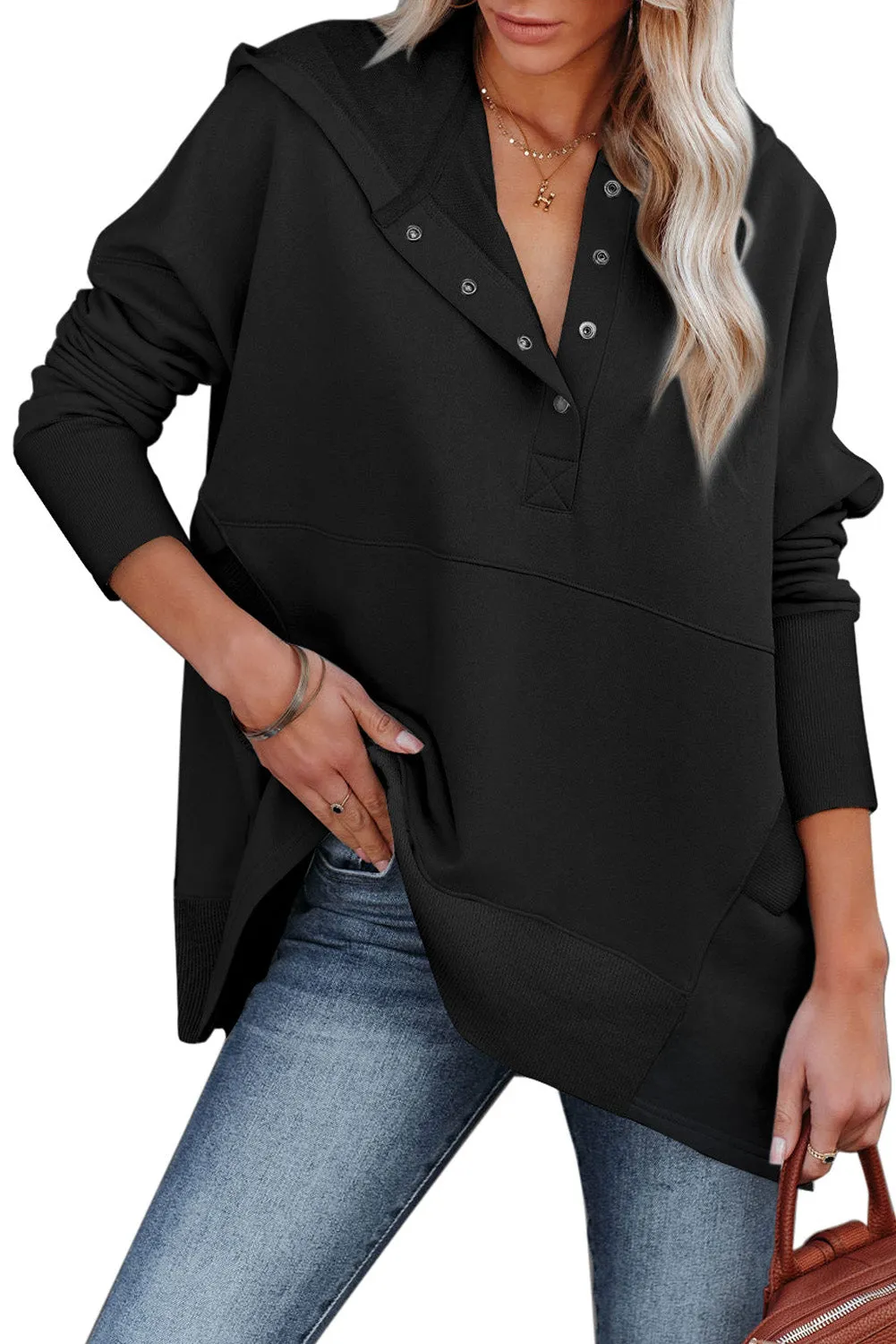 Buttoned Oversized Henley Pullover Hoodie