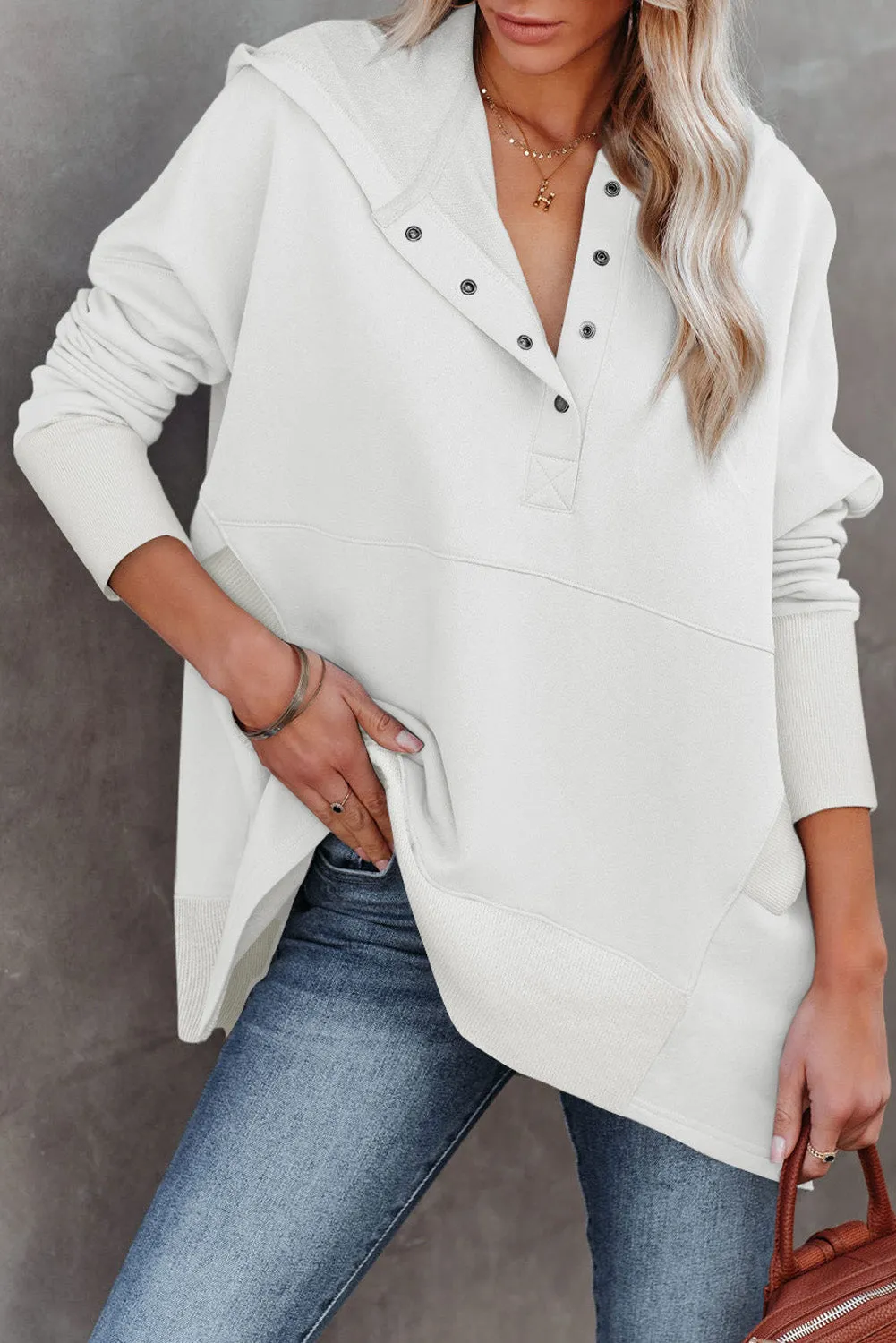 Buttoned Oversized Henley Pullover Hoodie