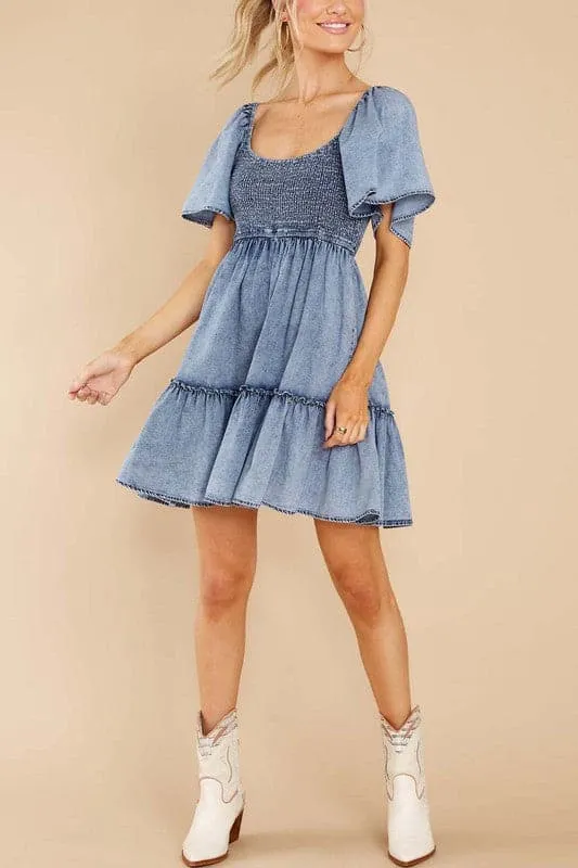 BZ716 Ruffle Sleeve Denim Mini Dress