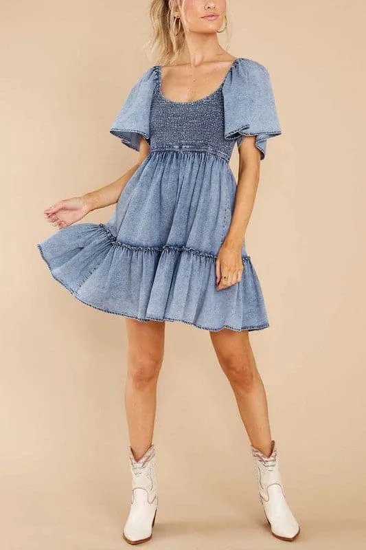 BZ716 Ruffle Sleeve Denim Mini Dress