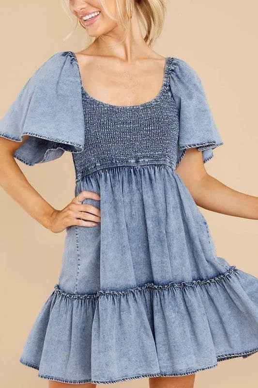 BZ716 Ruffle Sleeve Denim Mini Dress
