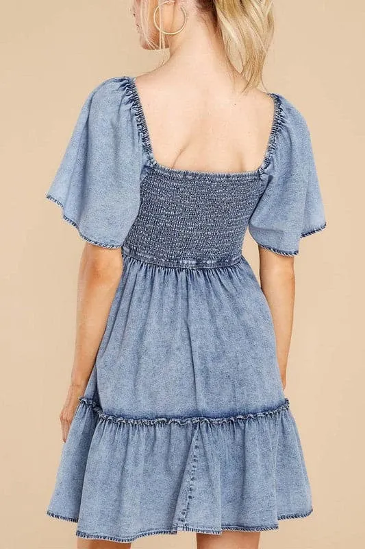 BZ716 Ruffle Sleeve Denim Mini Dress