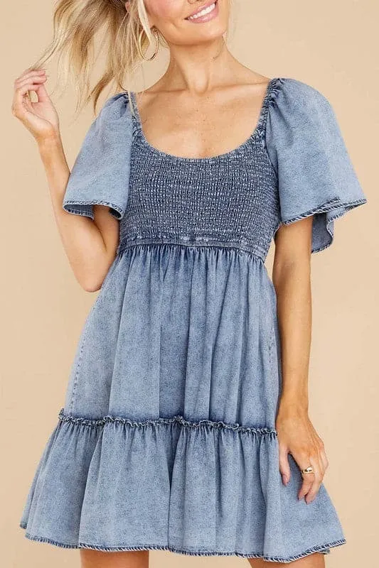 BZ716 Ruffle Sleeve Denim Mini Dress