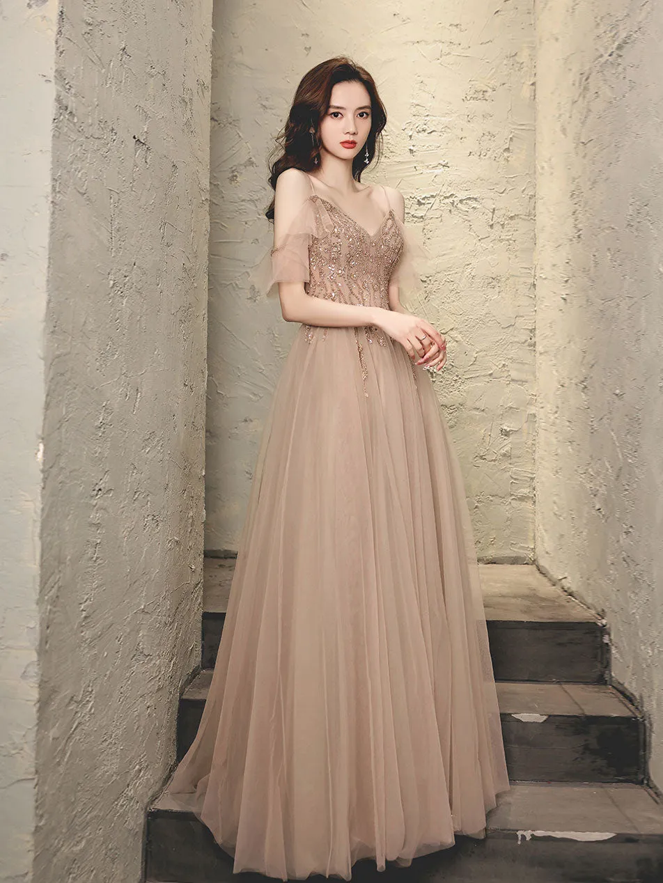 Champagne V Neck Tulle Beads Long Prom Dress, Champagne Evening Dress