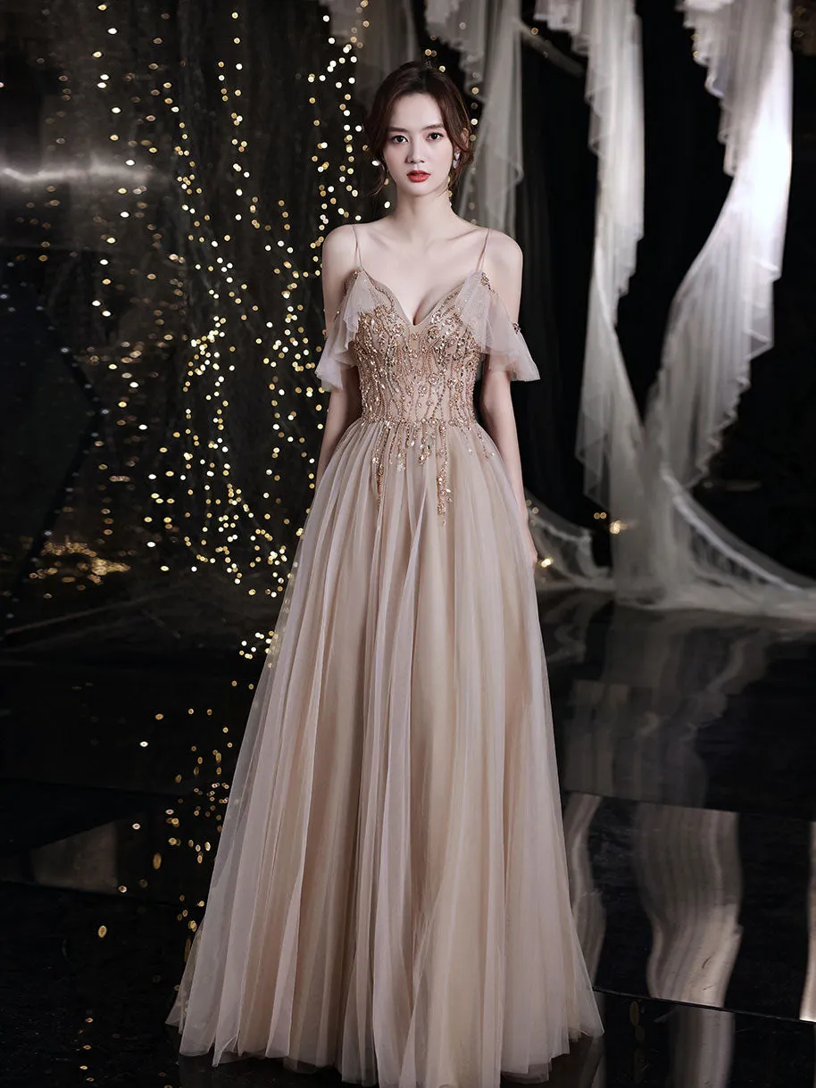 Champagne V Neck Tulle Beads Long Prom Dress, Champagne Evening Dress