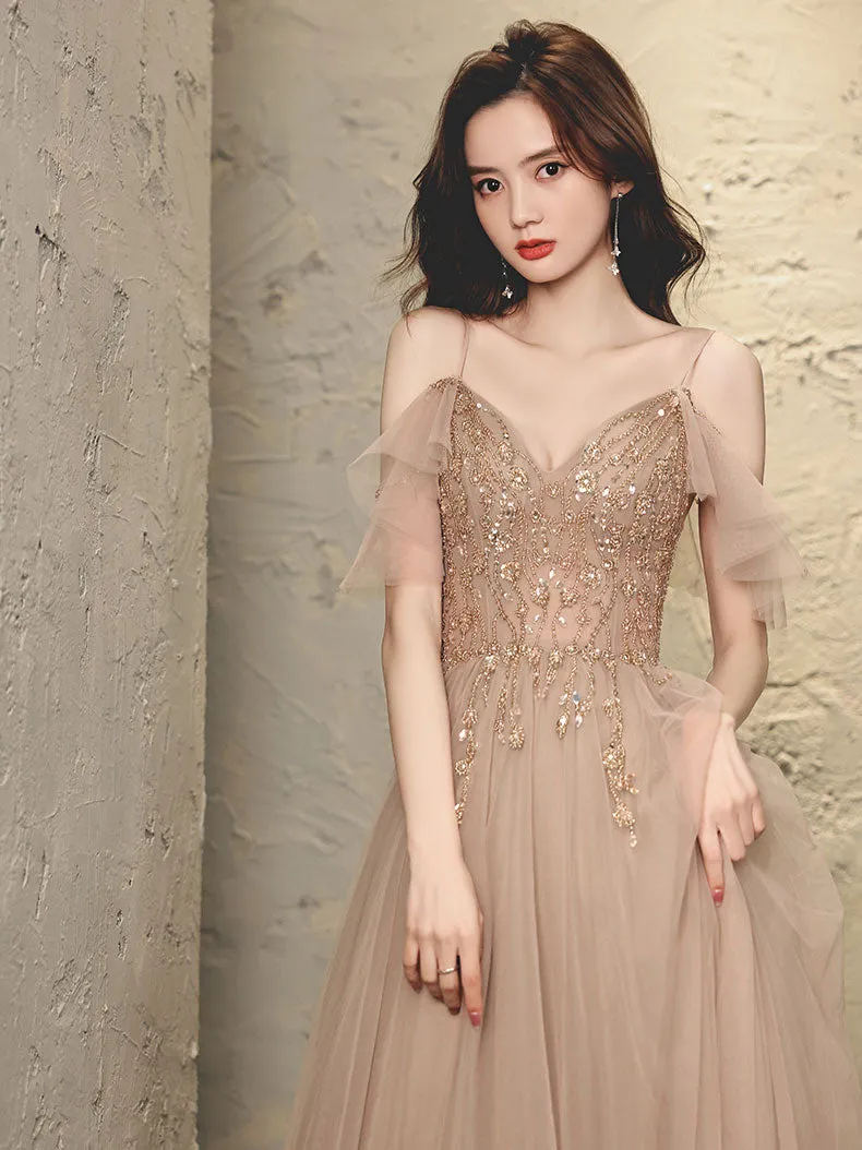 Champagne V Neck Tulle Beads Long Prom Dress, Champagne Evening Dress