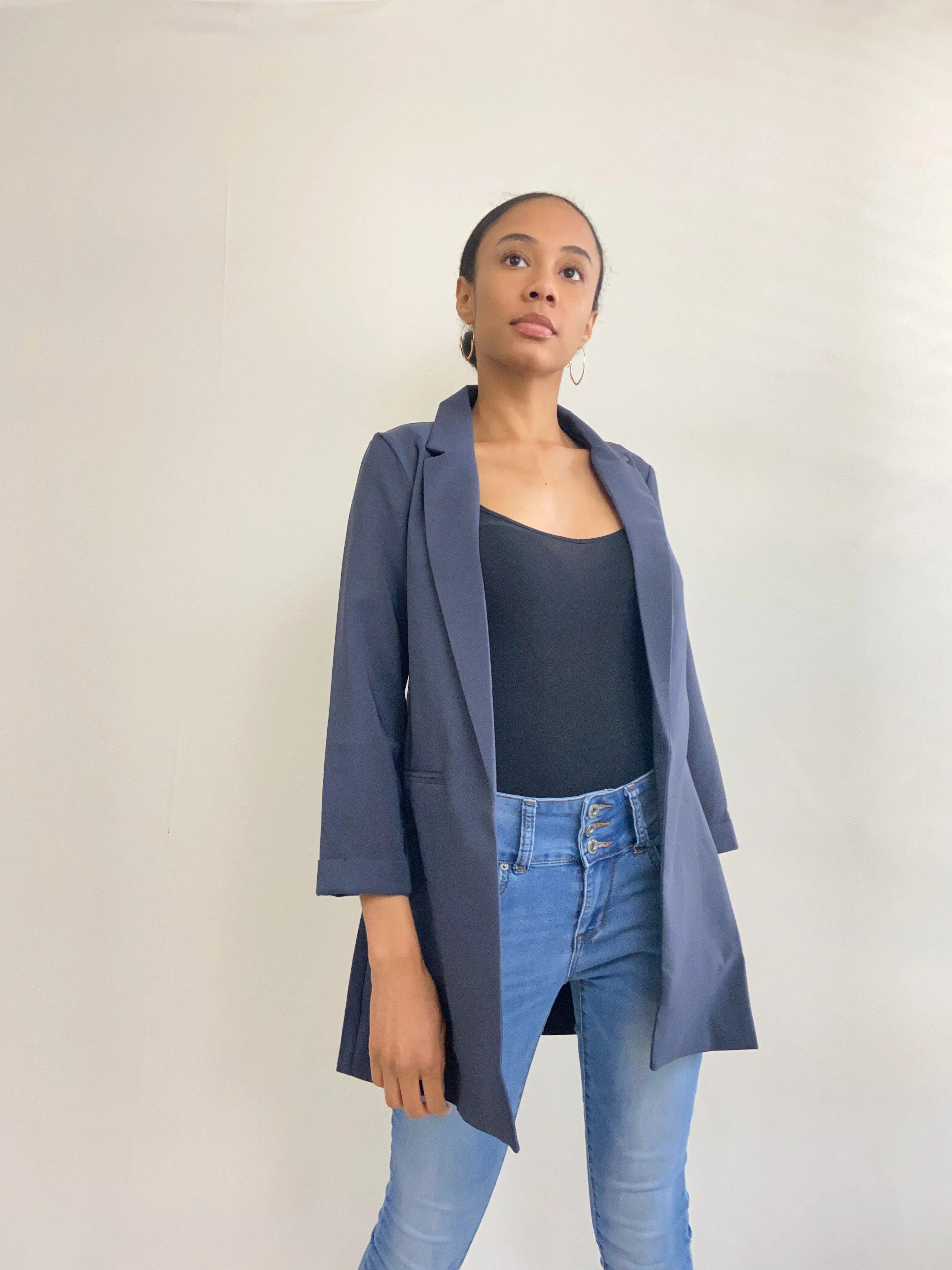 Classic Charcoal Navy Long Blazer