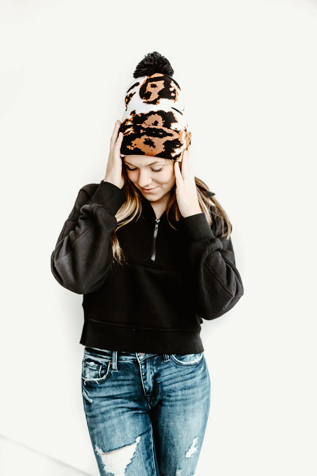 Cow Print Beanie with Pom