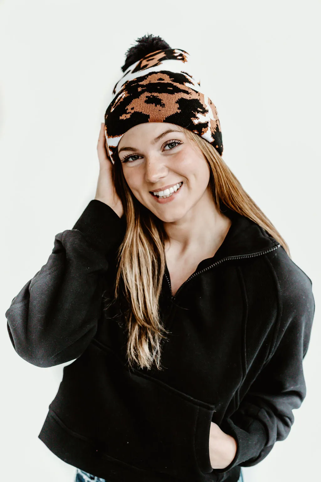 Cow Print Beanie with Pom