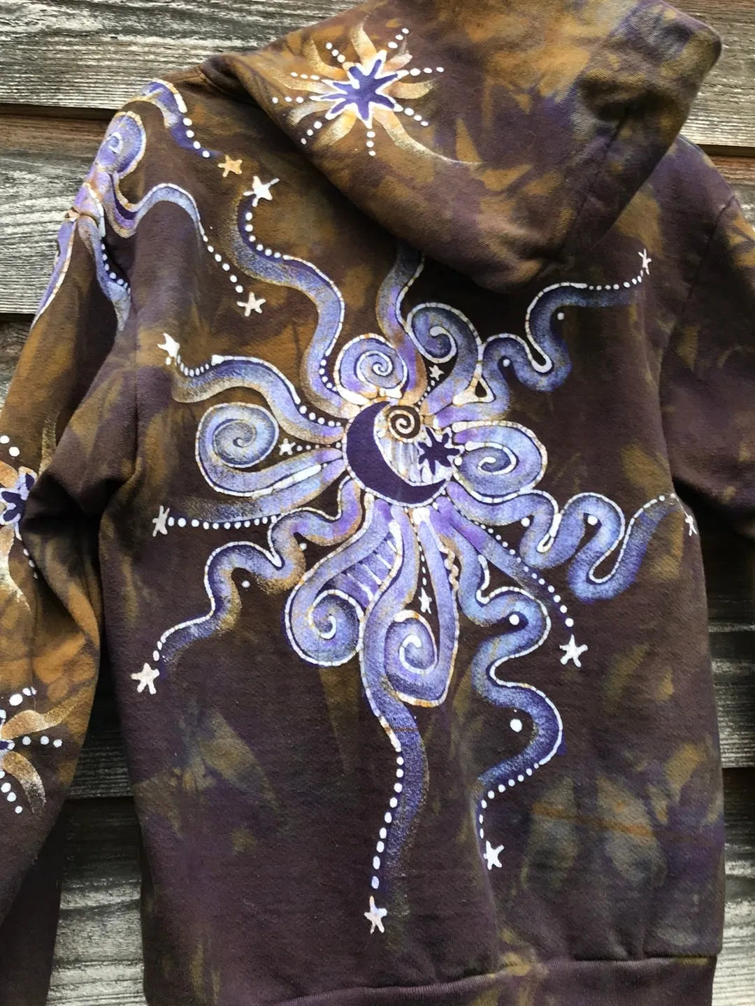 Dark Gold and Purple Moon and Star  Handcrafted Batik Zipper Hoodie - Size Small