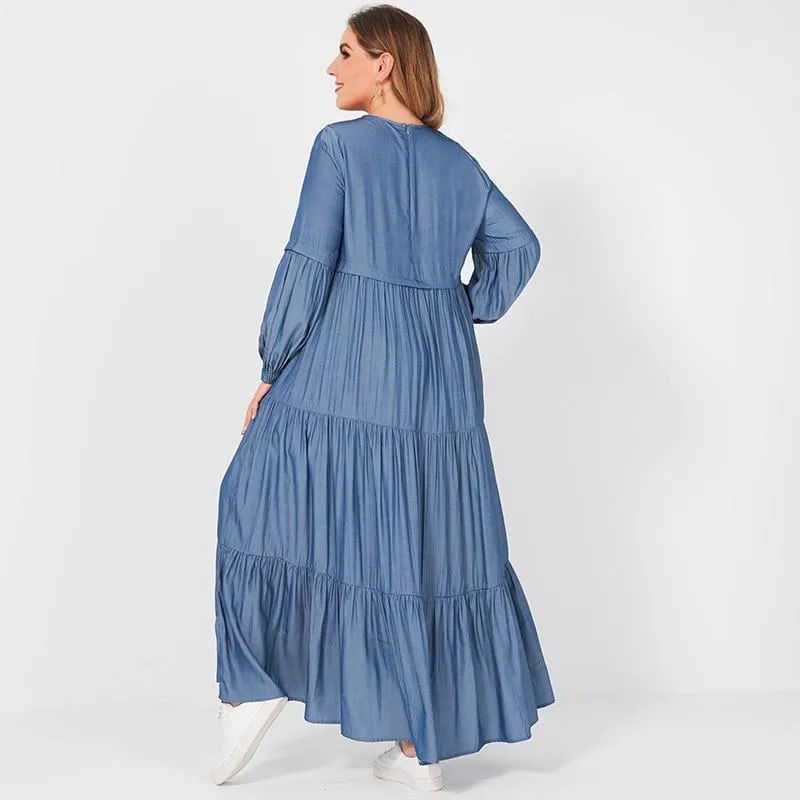 FashionSierra - New Summer Women Long Dress Fashion Sweet Pure Blue Color O-neck Pleated Cake Loose Large Size Big Swing Long Sleeve Dresses