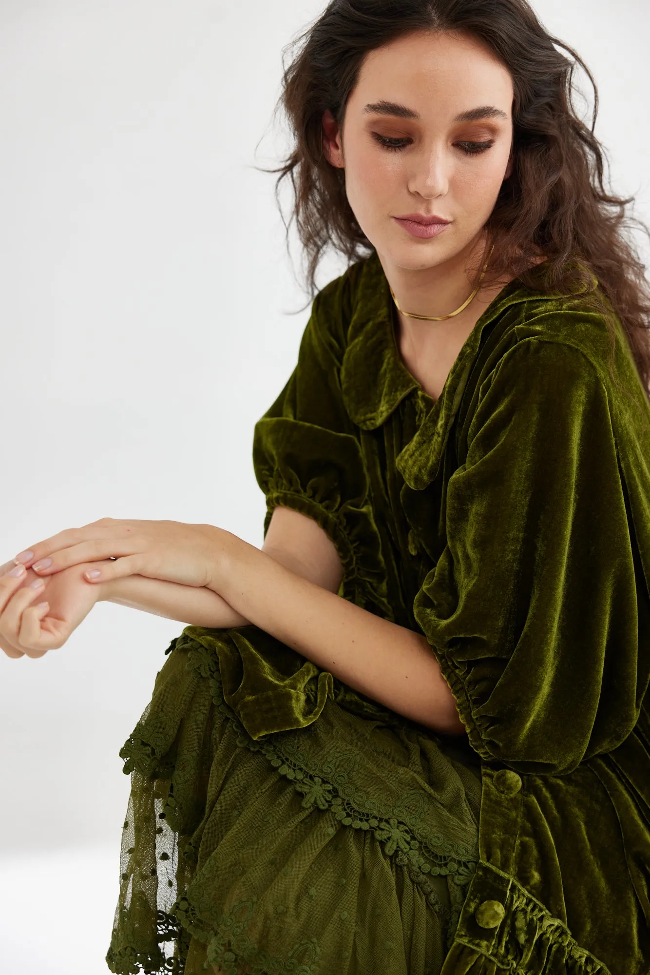 Florentine Velvet coat dress. Moss Green