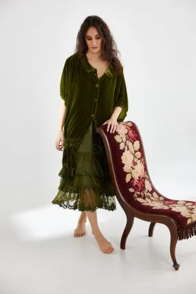 Florentine Velvet coat dress. Moss Green