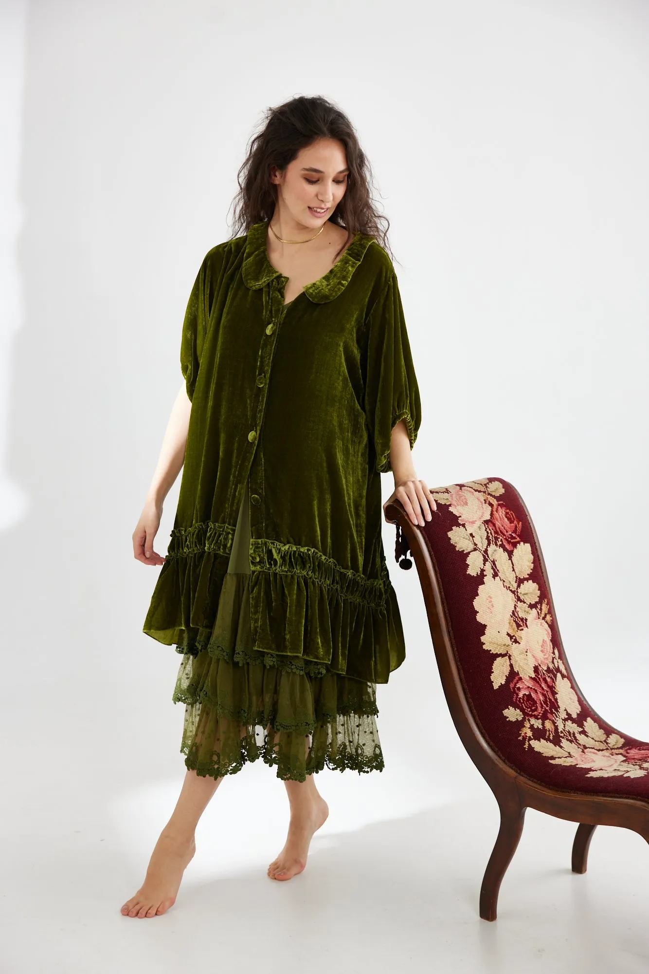 Florentine Velvet coat dress. Moss Green
