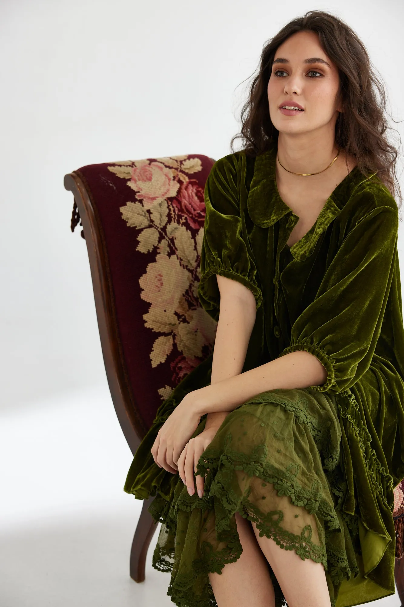 Florentine Velvet coat dress. Moss Green