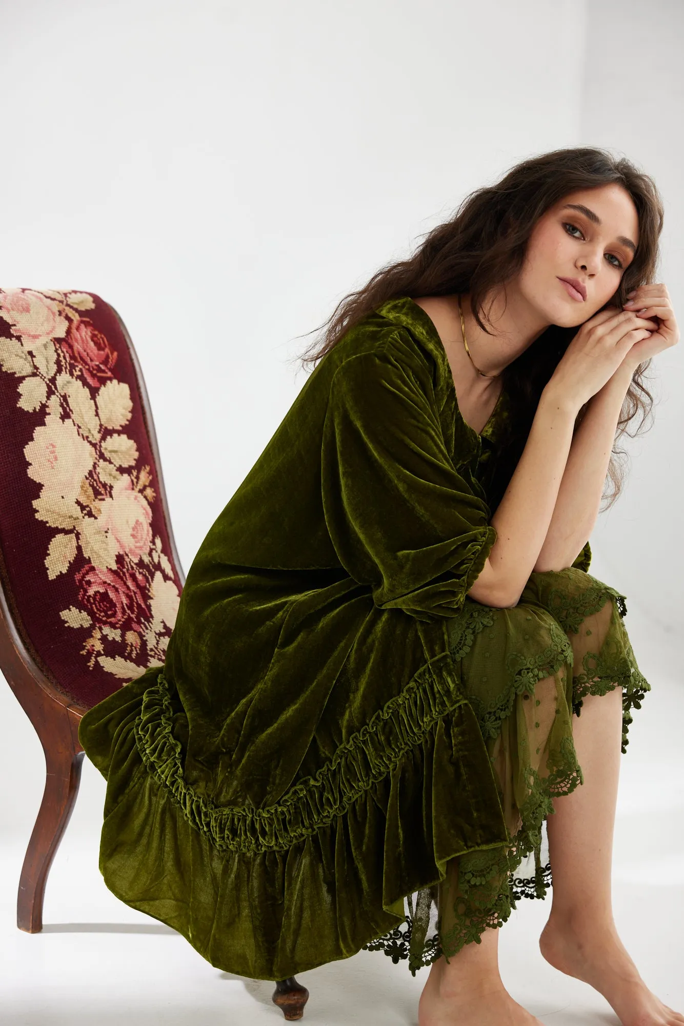 Florentine Velvet coat dress. Moss Green