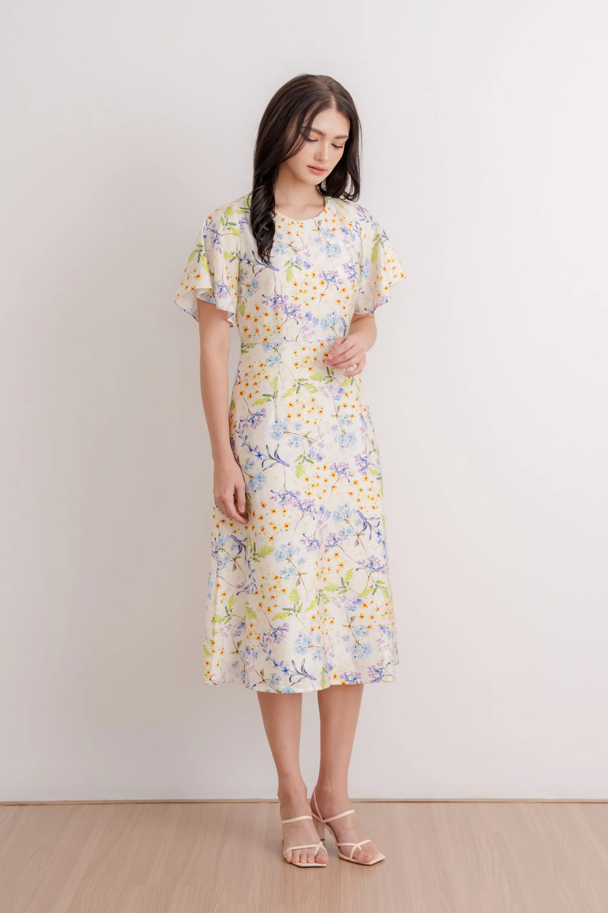 Flutter Sleeve Midi Flare Dress - Ivory Blossom