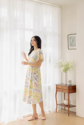 Flutter Sleeve Midi Flare Dress - Ivory Blossom