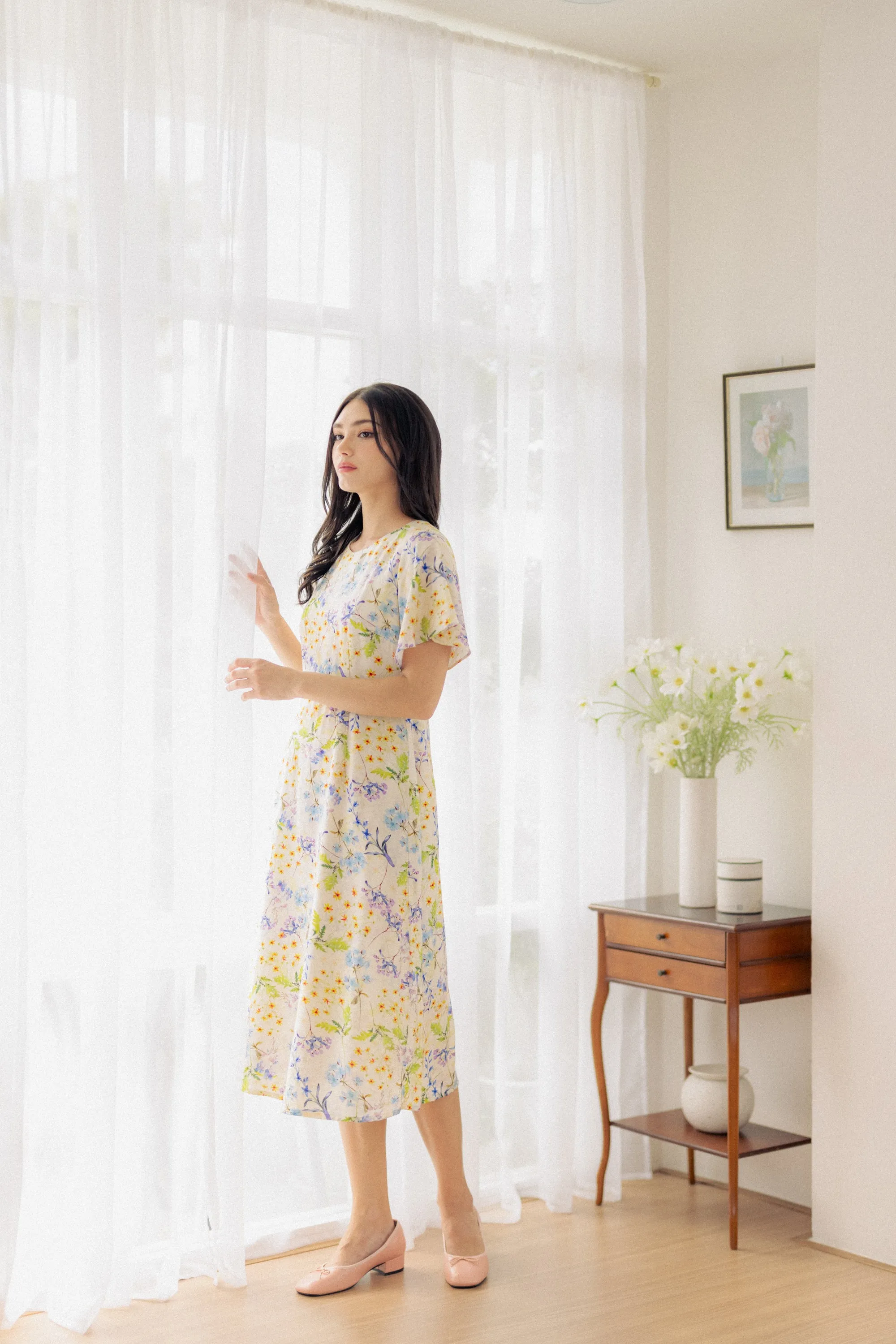 Flutter Sleeve Midi Flare Dress - Ivory Blossom