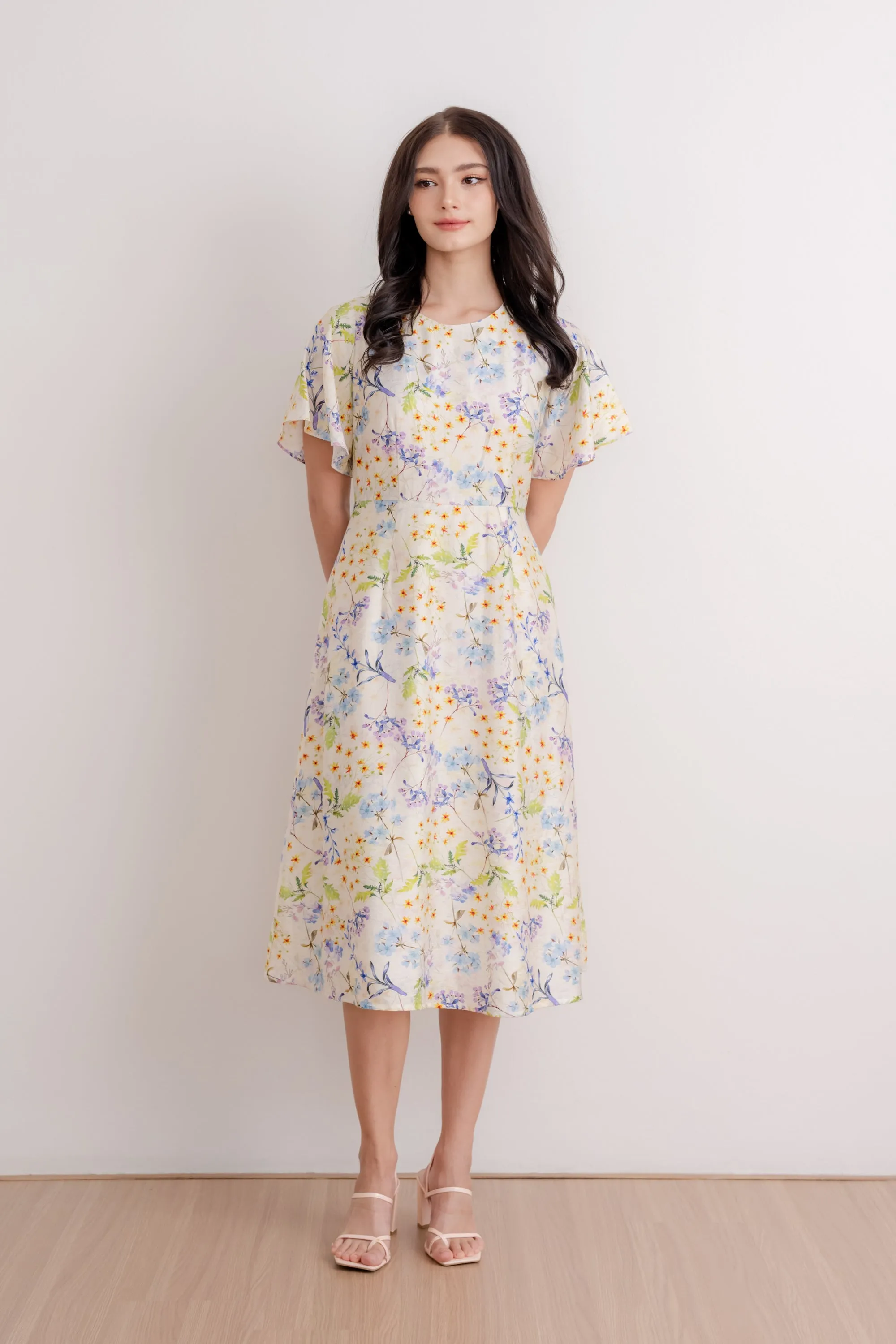 Flutter Sleeve Midi Flare Dress - Ivory Blossom