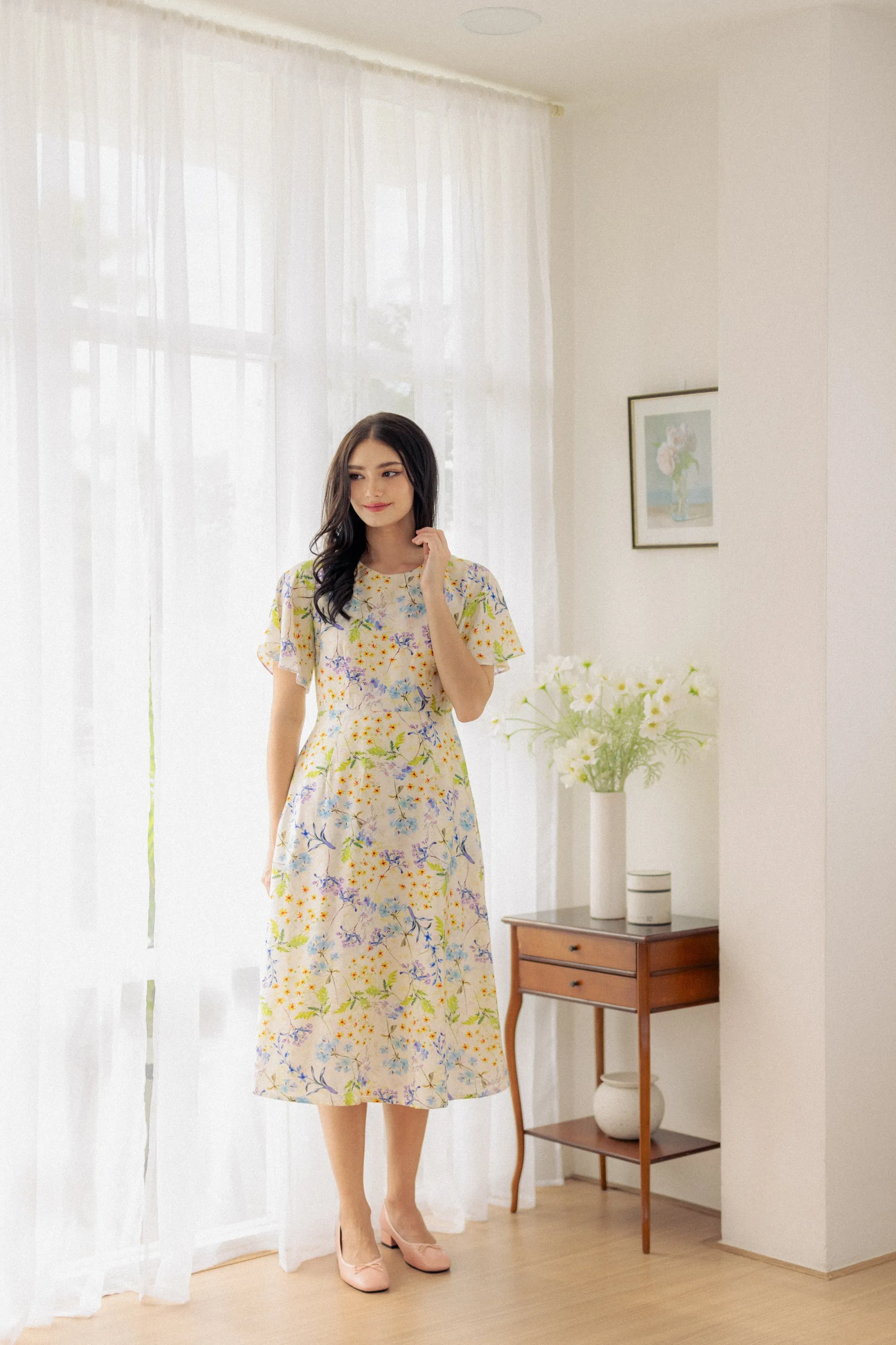 Flutter Sleeve Midi Flare Dress - Ivory Blossom