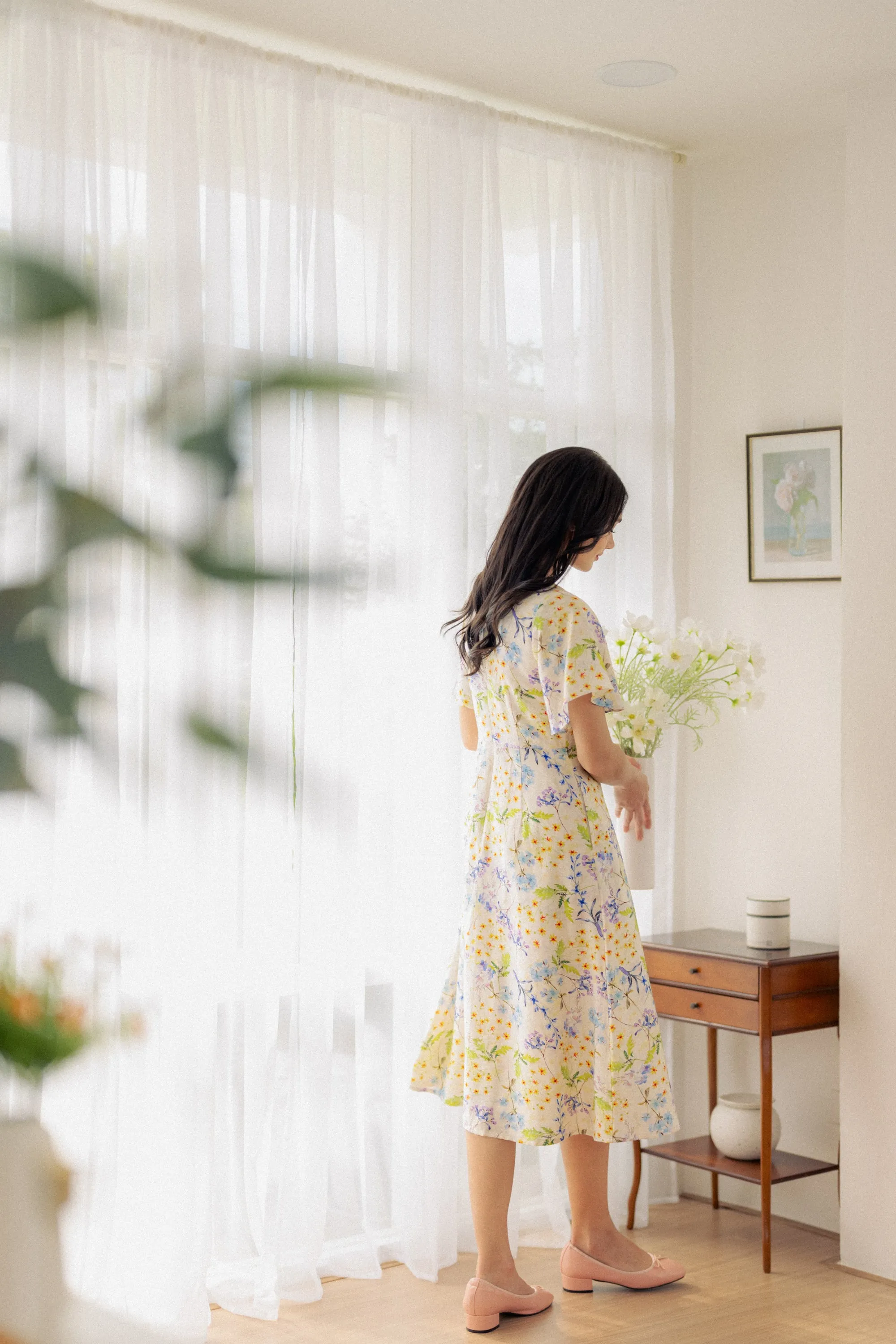 Flutter Sleeve Midi Flare Dress - Ivory Blossom
