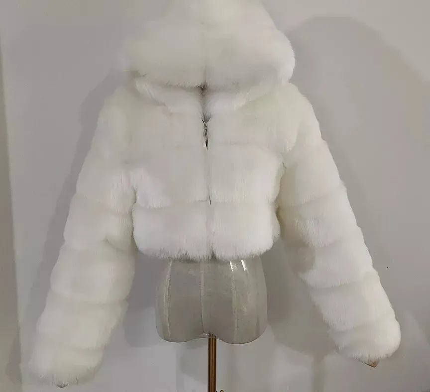 Furry Cropped Faux Fur Coats  Jackets Women Fluffy Top Coat Hooded Winter Fur Jacket YINGJIAMEI