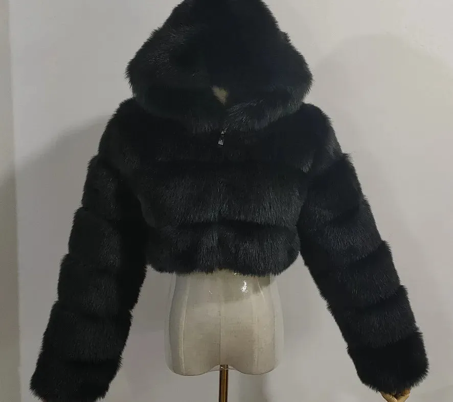 Furry Cropped Faux Fur Coats  Jackets Women Fluffy Top Coat Hooded Winter Fur Jacket YINGJIAMEI