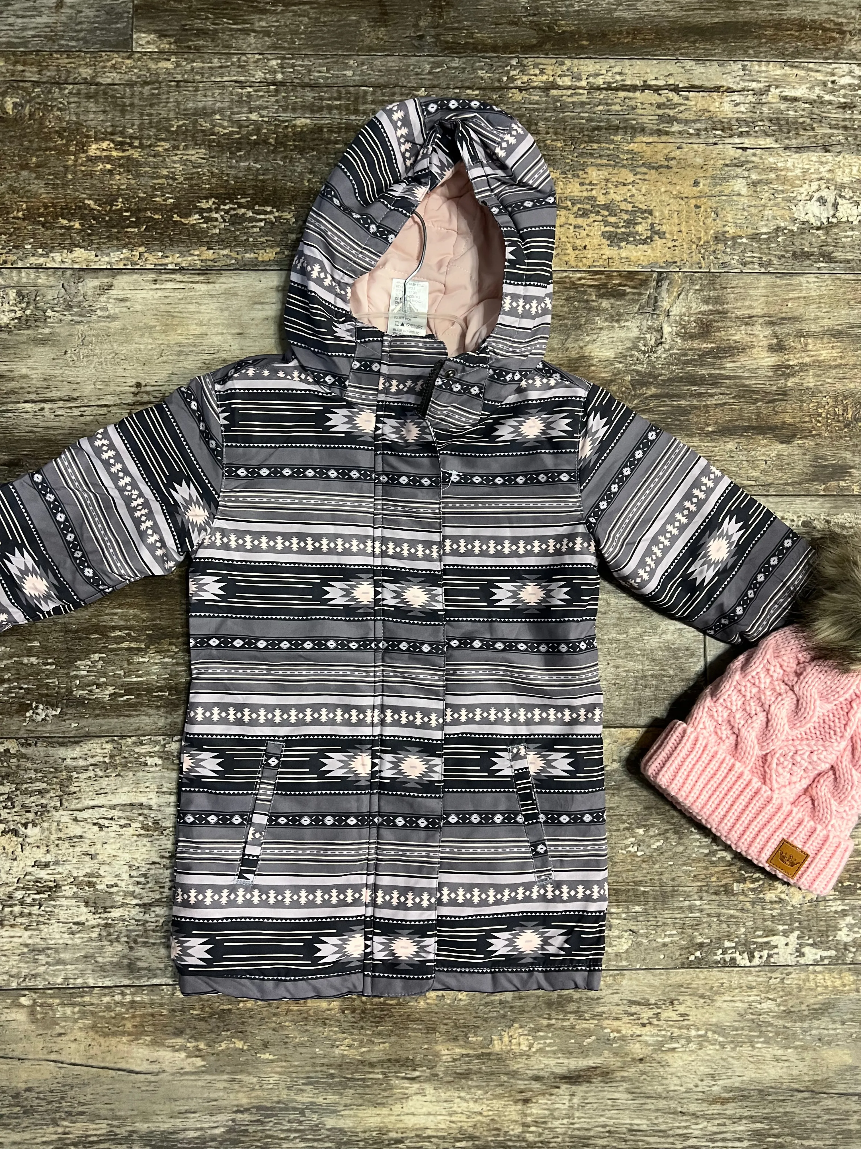 GIRL'S AZTEC PRINT HOODED COAT - GRAY