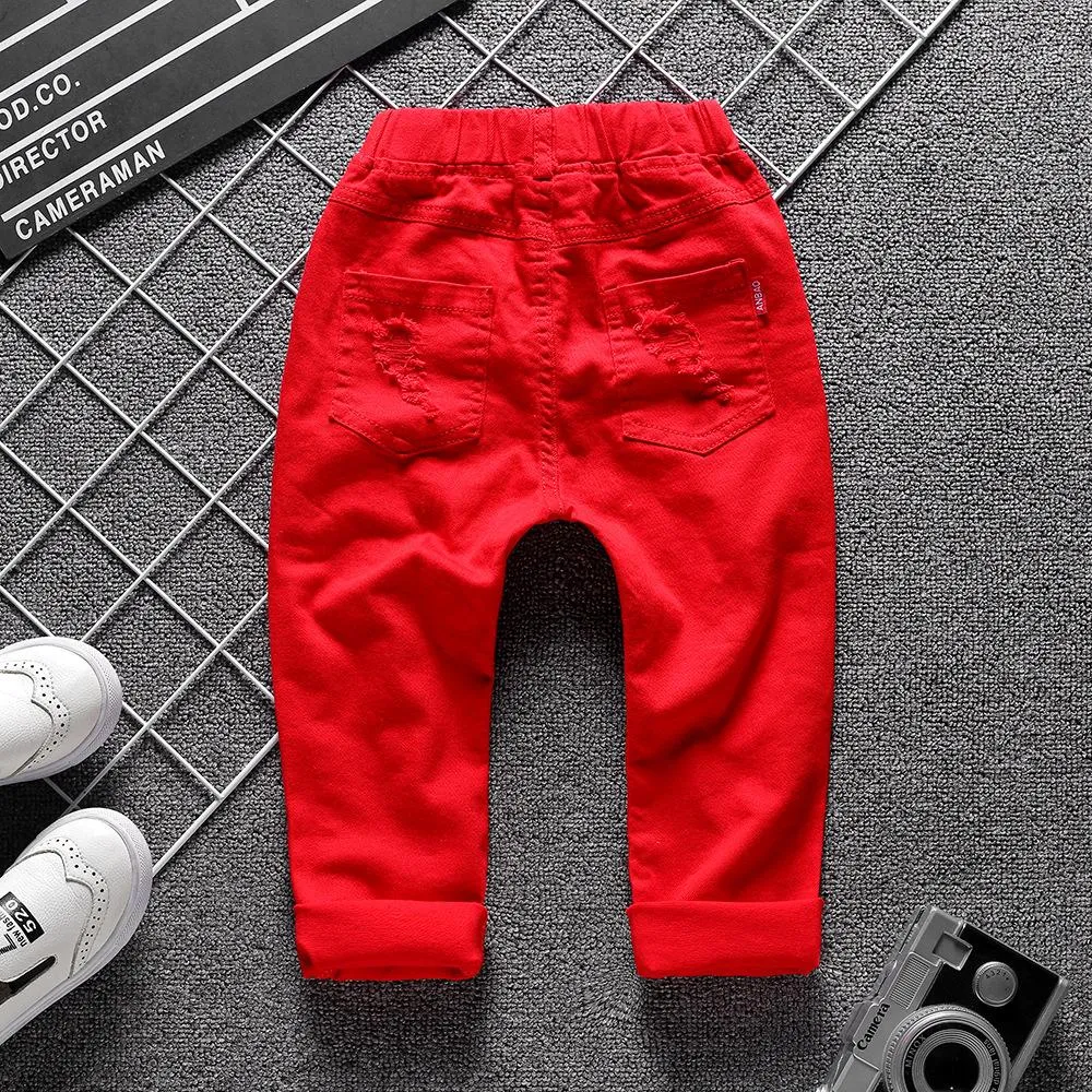 Girls Solid Pocket Denim Ripped Pants