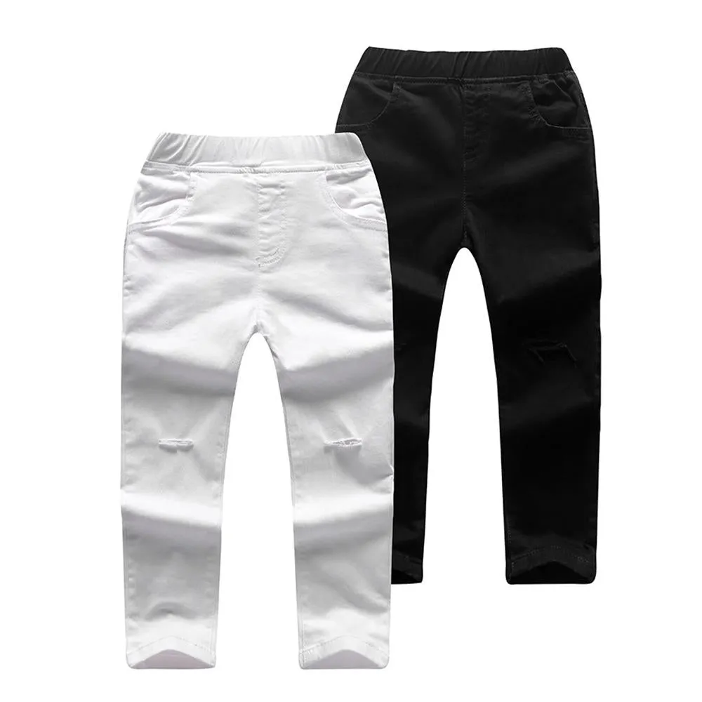 Girls Solid Pocket Denim Ripped Pants