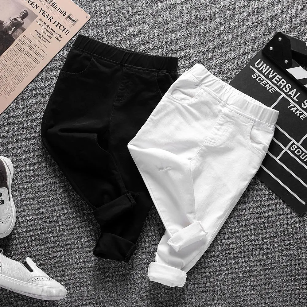 Girls Solid Pocket Denim Ripped Pants
